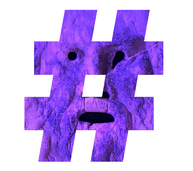A purple colored mask resembling Rome's 'Mouth of Truth' artifact in the shape of an hashtag